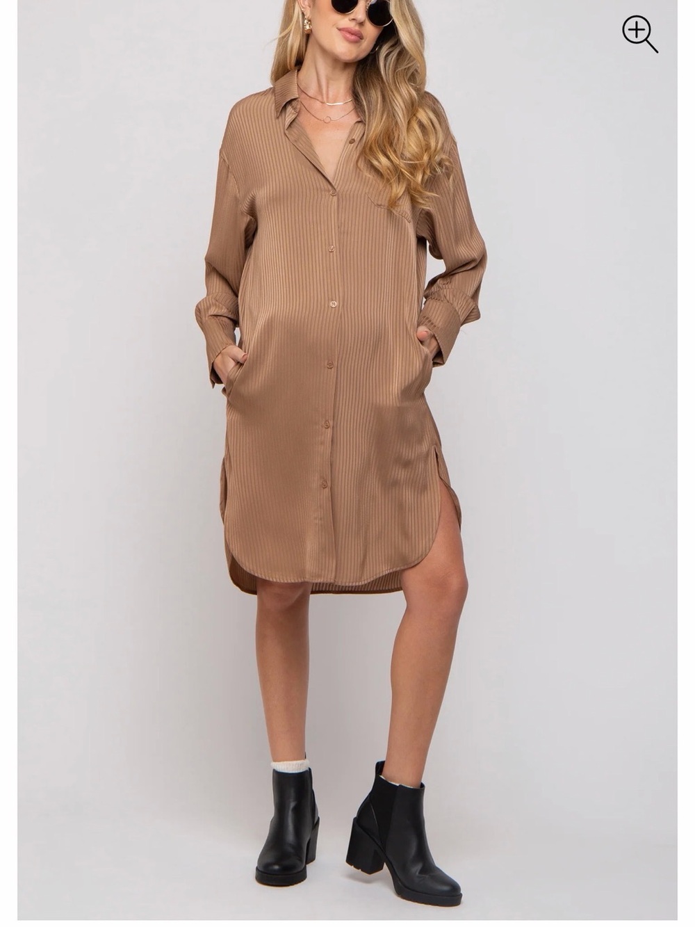 Annie Long Sleeve Button-Front Shirt Dress in Camel